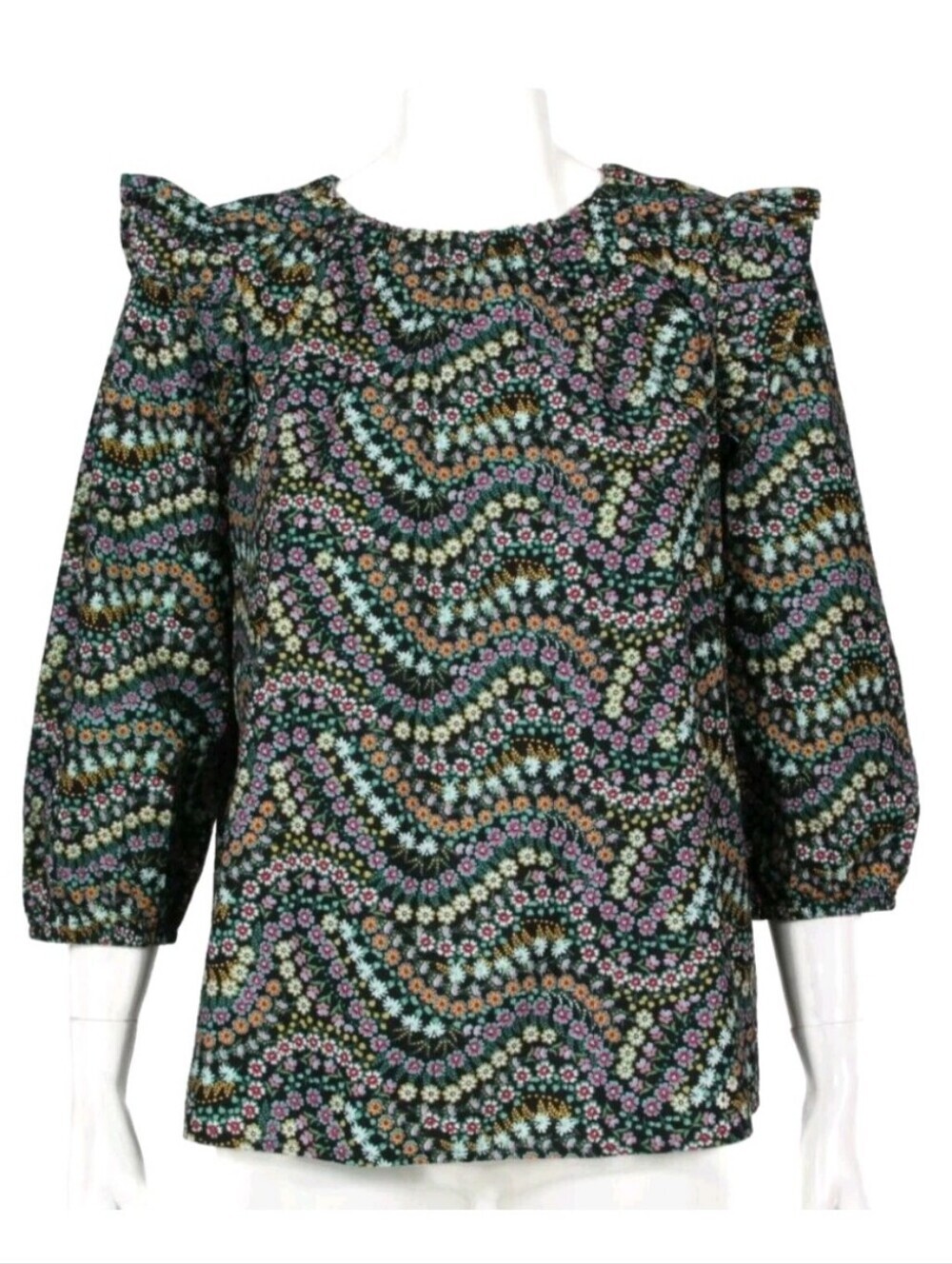 ANN TAYLOR LOFT CottonFloral Black Ruffle Shoulder Back Tie Cottagecore Top sz S